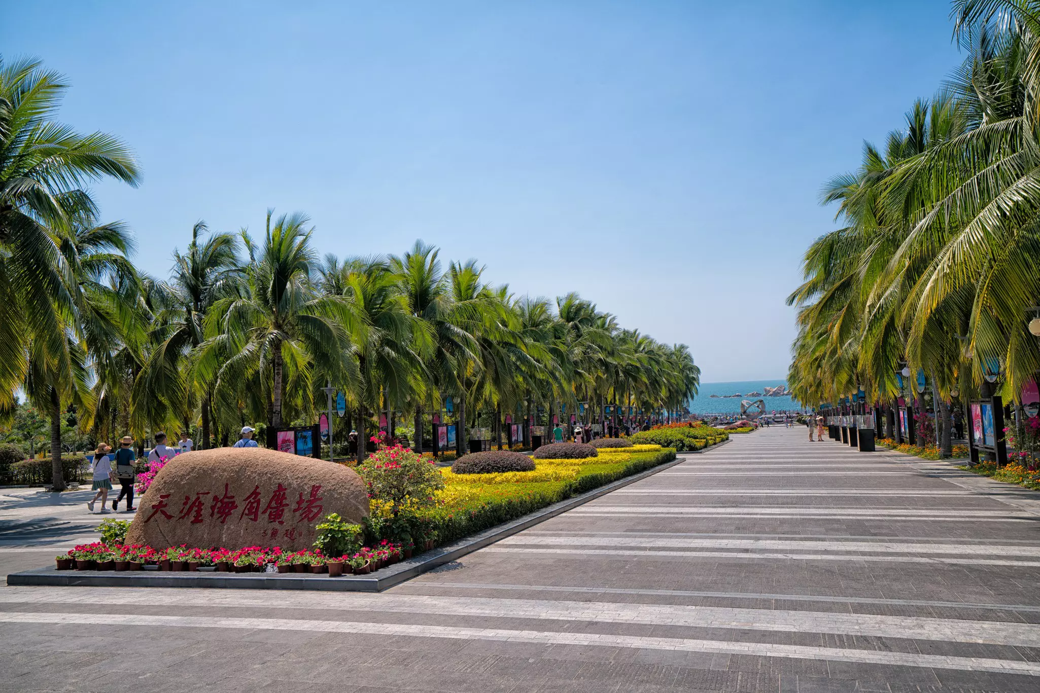 A plaza lined with palm trees, rocks and greenery leading to a coastline