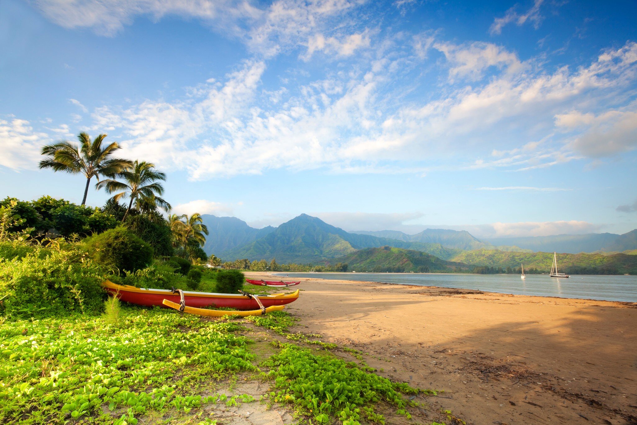 A canoe near the beach of Hanalei Bay just after sunrise © M Swiet Productions / Getty Images