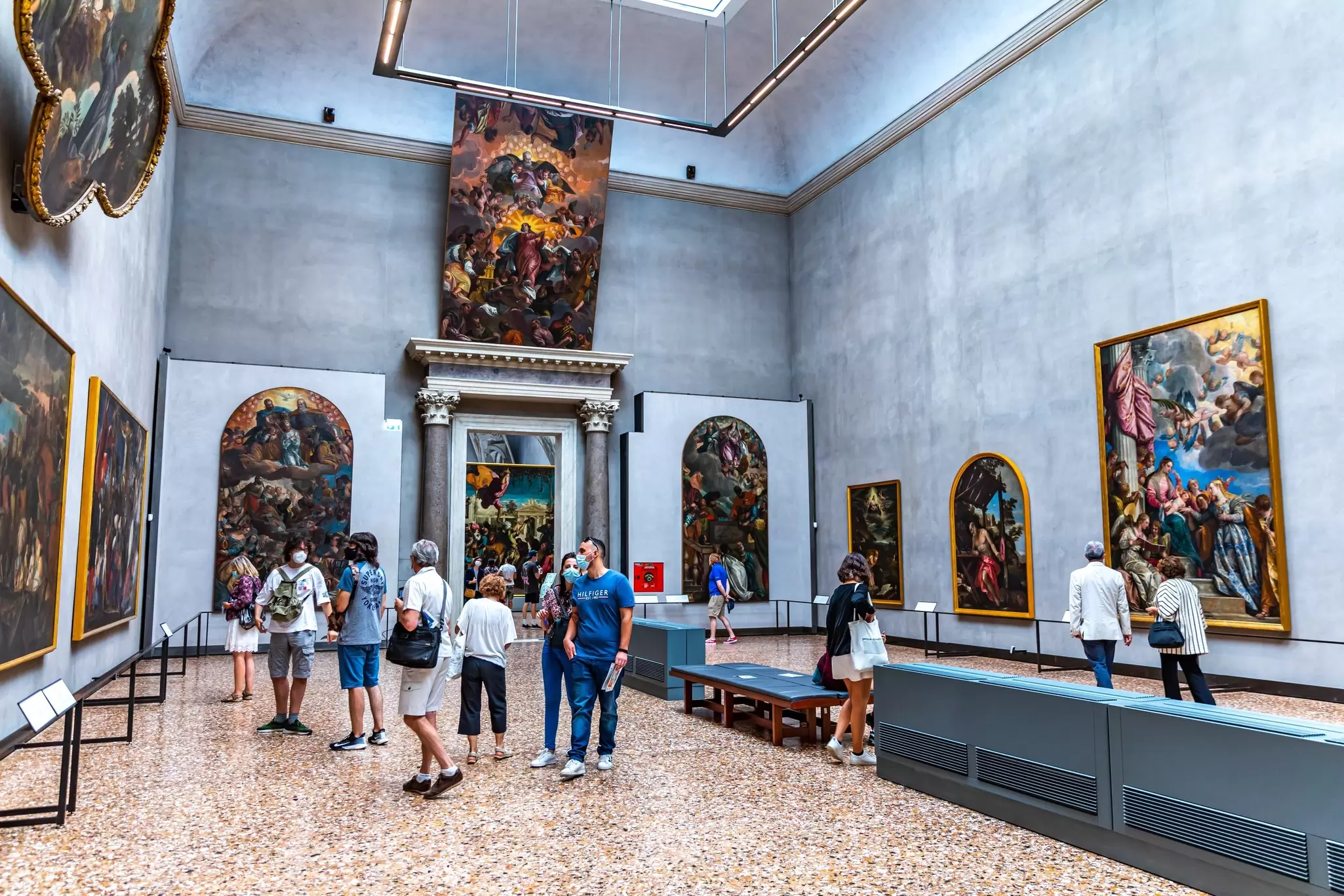 Visitors viewing artwork in Room 10 at the Gallerie dell’Accademia in Venice, Italy.