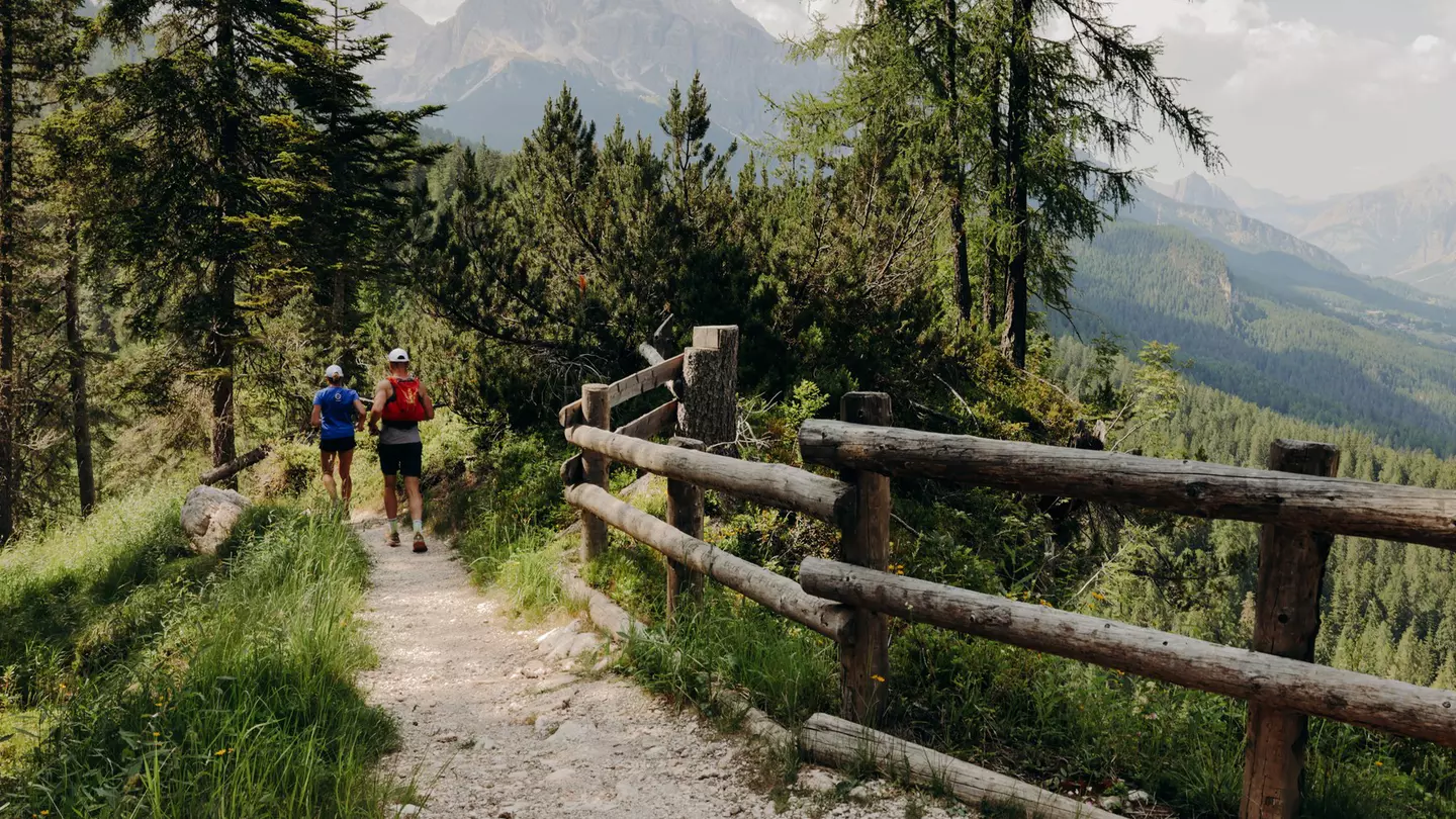 Hikers on a dirt trail lined with a wooden fence