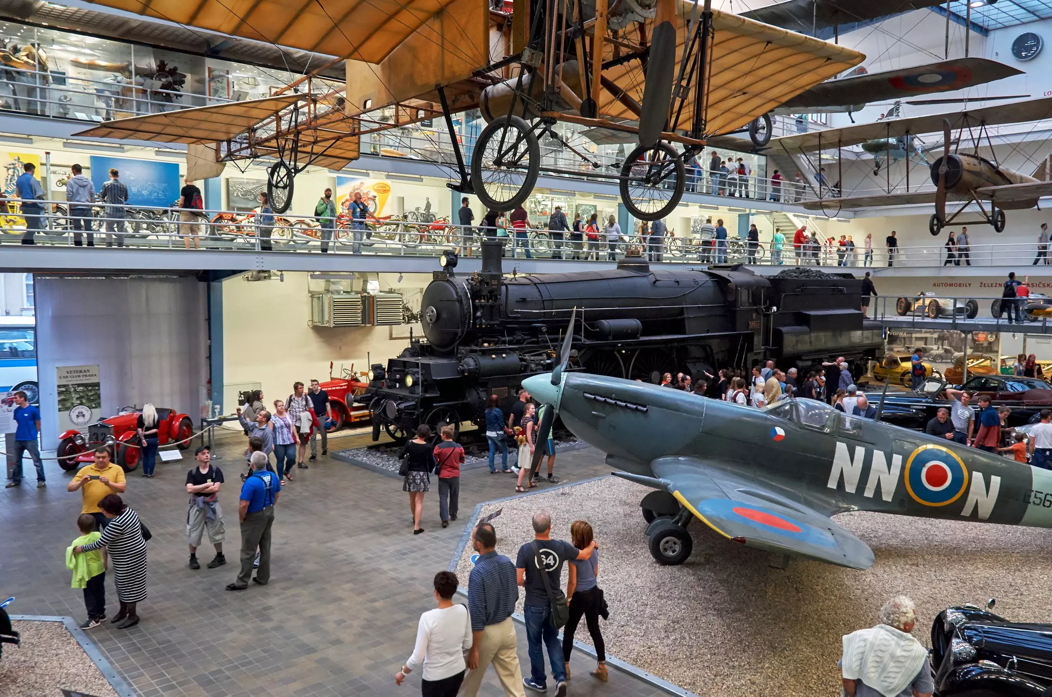 Prague National Technical Museum. Vintage steam train and plane. 