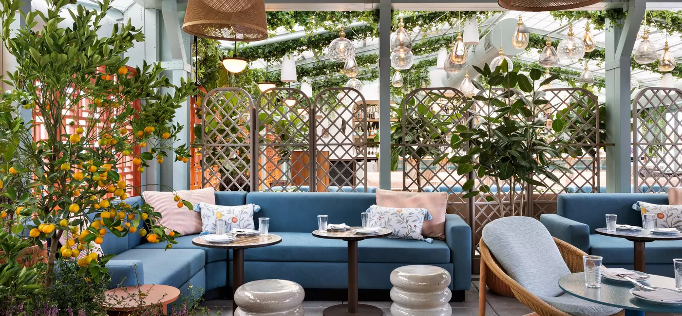 Tables are arranged in front of a large blue couch on an enclosed patio with plants.