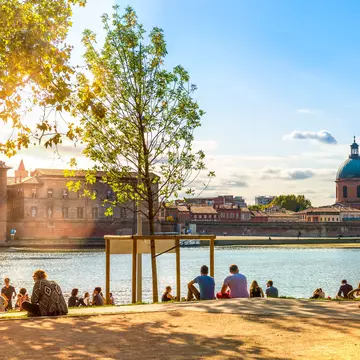 Sunny day on the banks of the Garonne, Place de la Daurade, in Toulouse, France. 