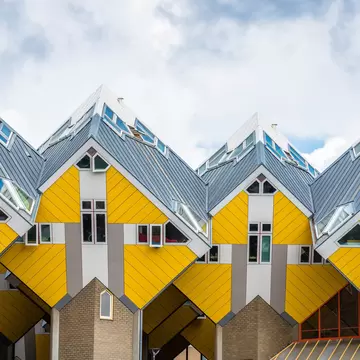 View of the yellow cube houses designed by architect Piet Blom in Rotterdam.