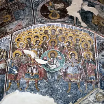 Byzantine frescoes on ceiling of Convent of Pantanassa.