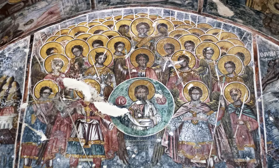 Byzantine frescoes on ceiling of Convent of Pantanassa.