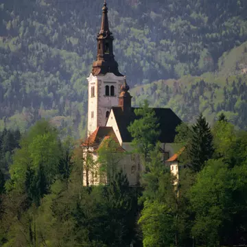 Belfry of baroque Church of the Assumption, Bled Island.
