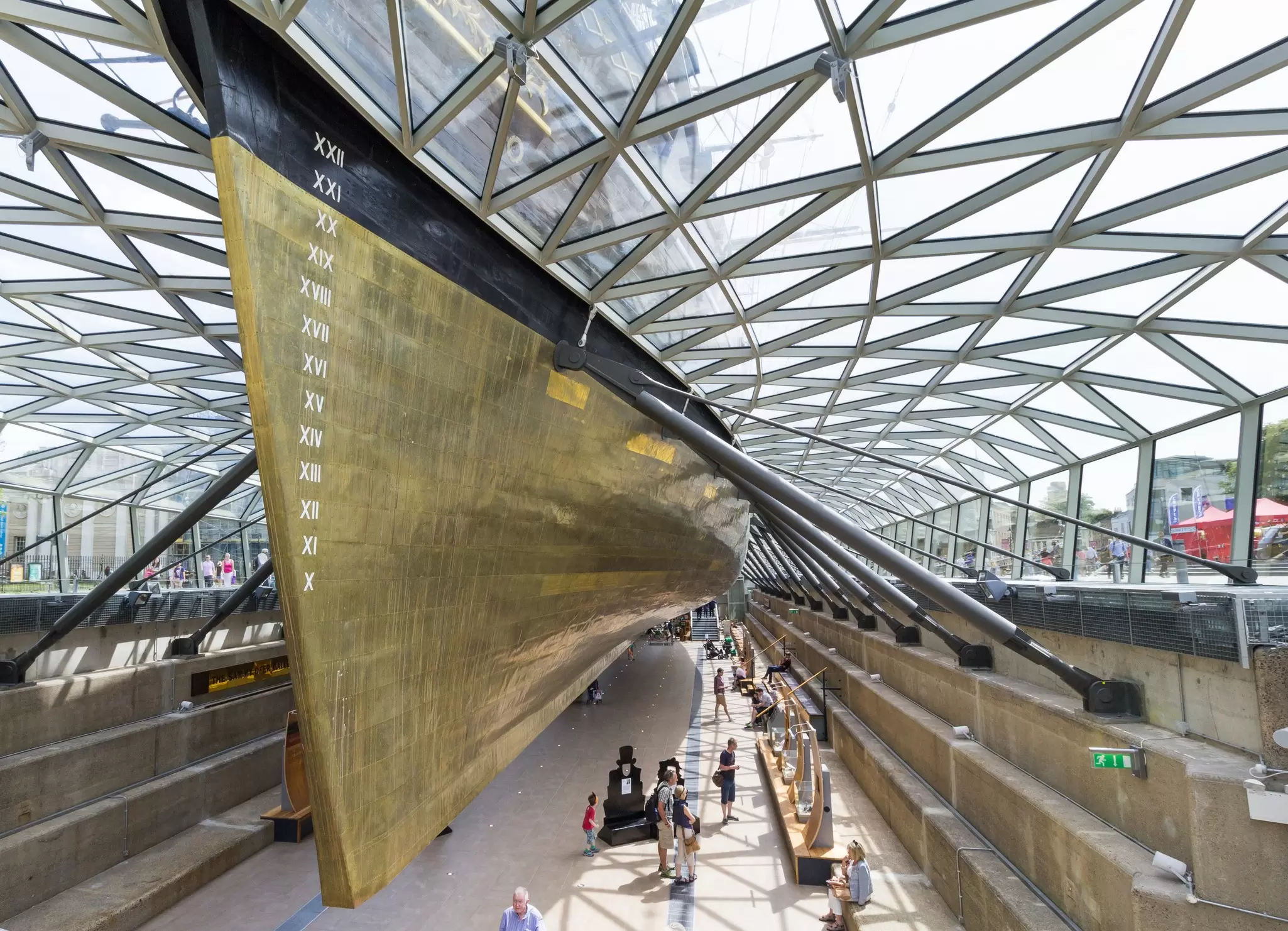 View of the hull of the Cutty Sark vessel in London, UK.