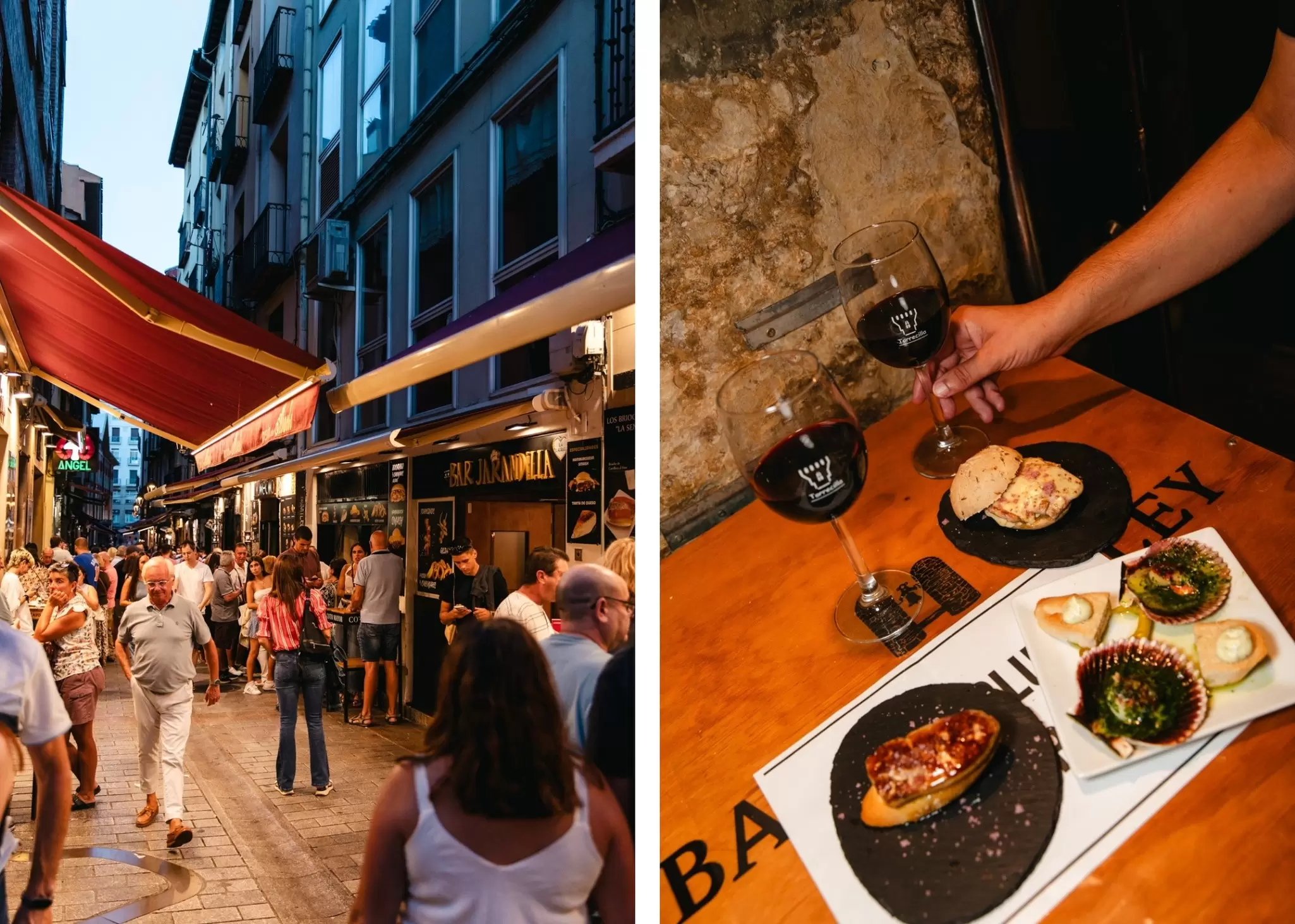Left: A busy, bar lined street at night. Right: Various pinchos and tapas arranged on plates on a wood table. Two dark wines are next to the plates.