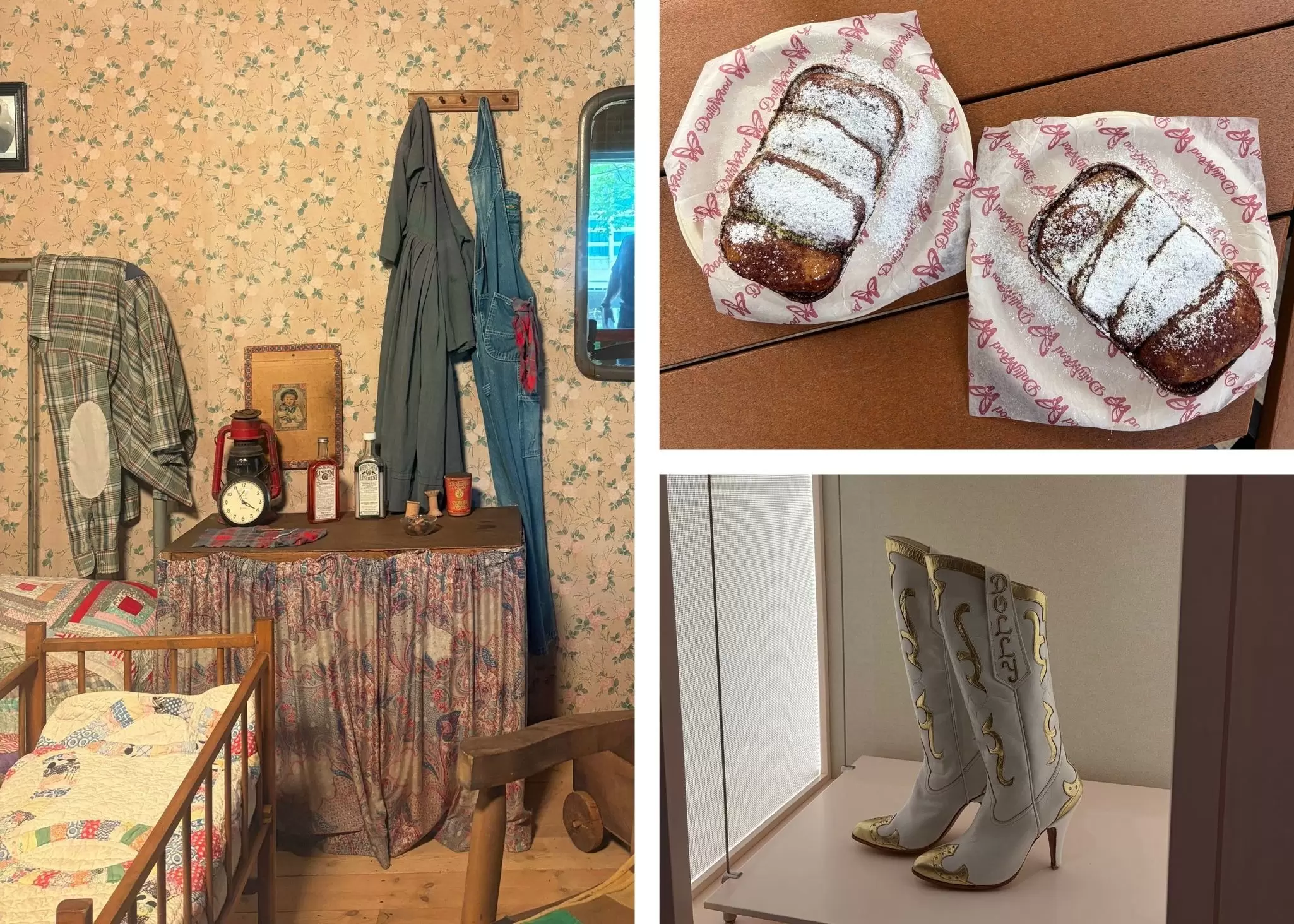 Inside a replica of Dolly Parton's childhood home with a bed, crib and a bedside table. Top right: Miniature cinnamon breads. Bottom right: Dolly Parton's boots at the "Behind the Seams" exhibit.