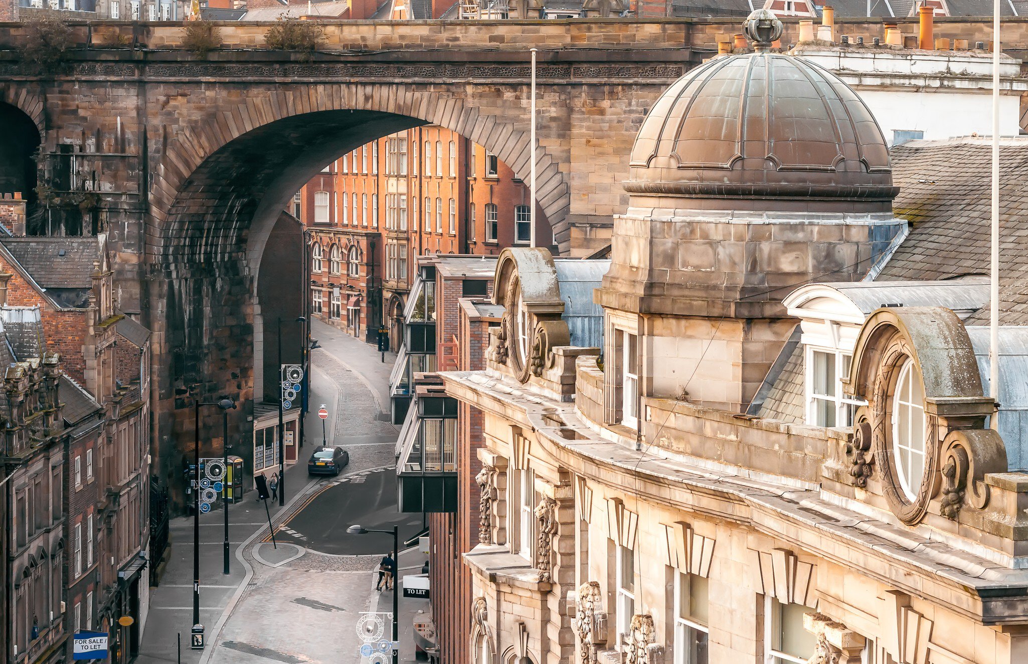 Rooftop View of Side and Dean Street from Tyne Bridge in Newcastle upon Tyne, UK  License Type: media  Download Time: 2023-03-28T06:40:18.000Z  User:   Is Editorial: No  purchase_order:   