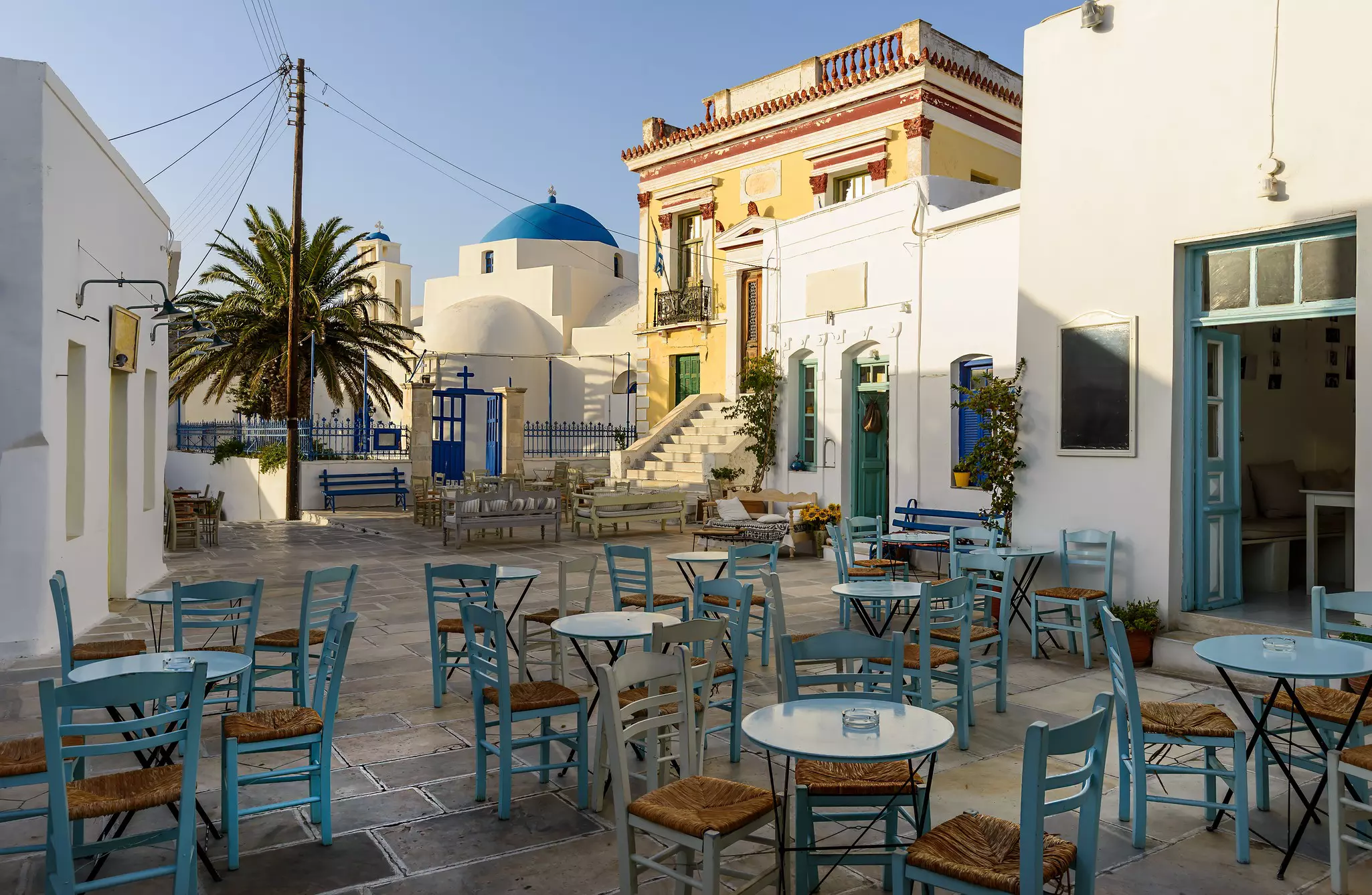 The square of the Chora from the harbor bay in the Greek island of Serifos in the Cyclades.