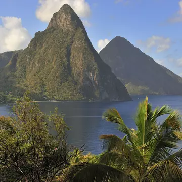 View of the famous Piton mountains in St Lucia. 