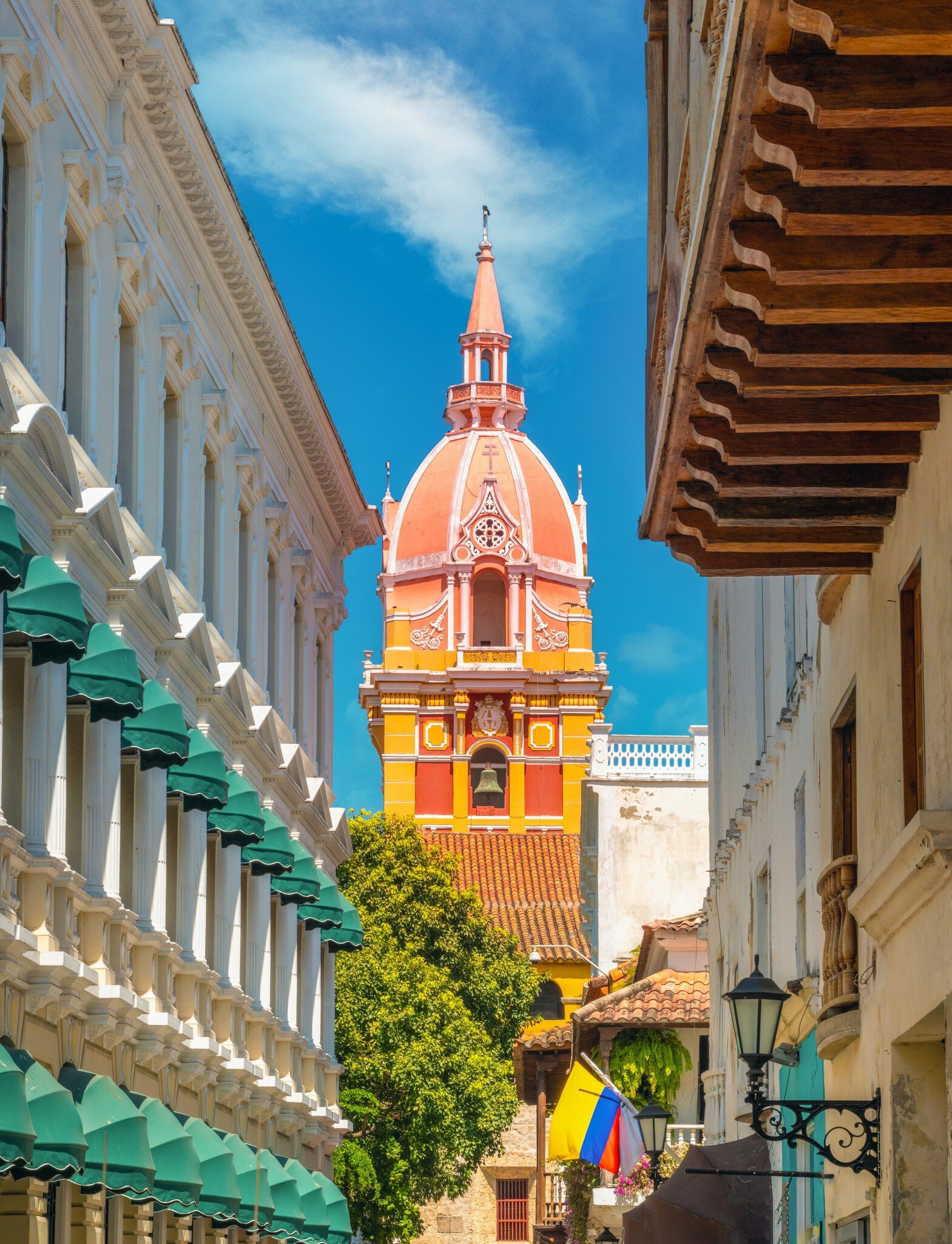 Closeup of the bell tower of the Cathedral of St. Catherine of Alexandria (Catedral de Santa Catalina de Alejandría) in the The UNESCO-listed Old Town of Cartagena, Colombia