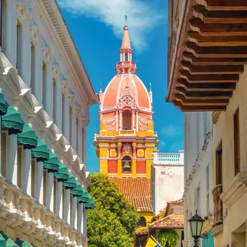 Closeup of the bell tower of the Cathedral of St. Catherine of Alexandria (Catedral de Santa Catalina de Alejandría) in the The UNESCO-listed Old Town of Cartagena, Colombia