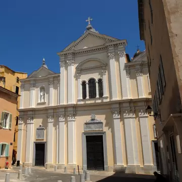 Facade of Cathedral Sainte-Marie in Bastia, Corsica, France. 