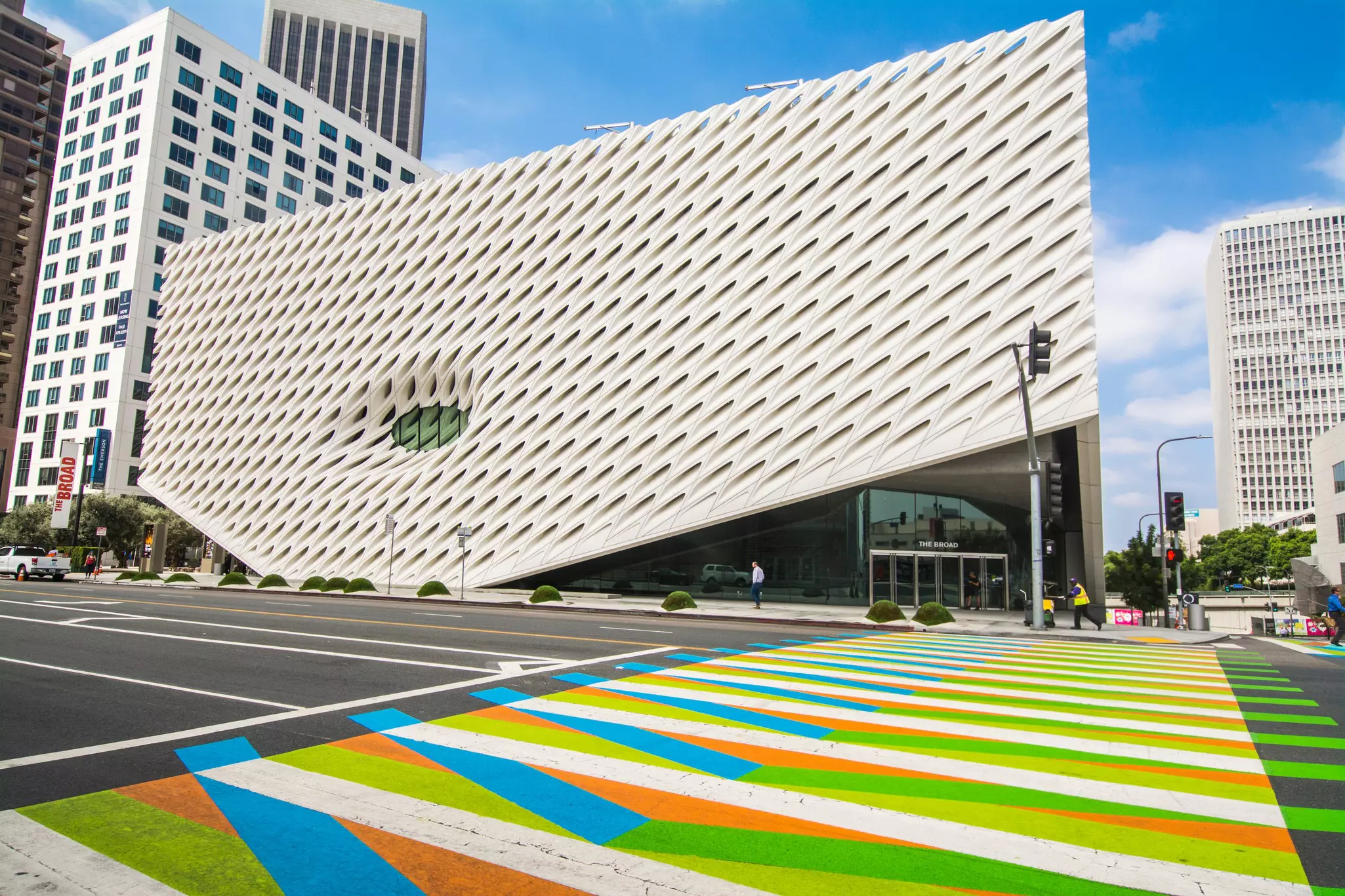 The striking frontage of The Broad gallery in Los Angeles, with a colorful crosswalk by artist Carlos Cruz-Diez. Kapi Ng/Shutterstock
