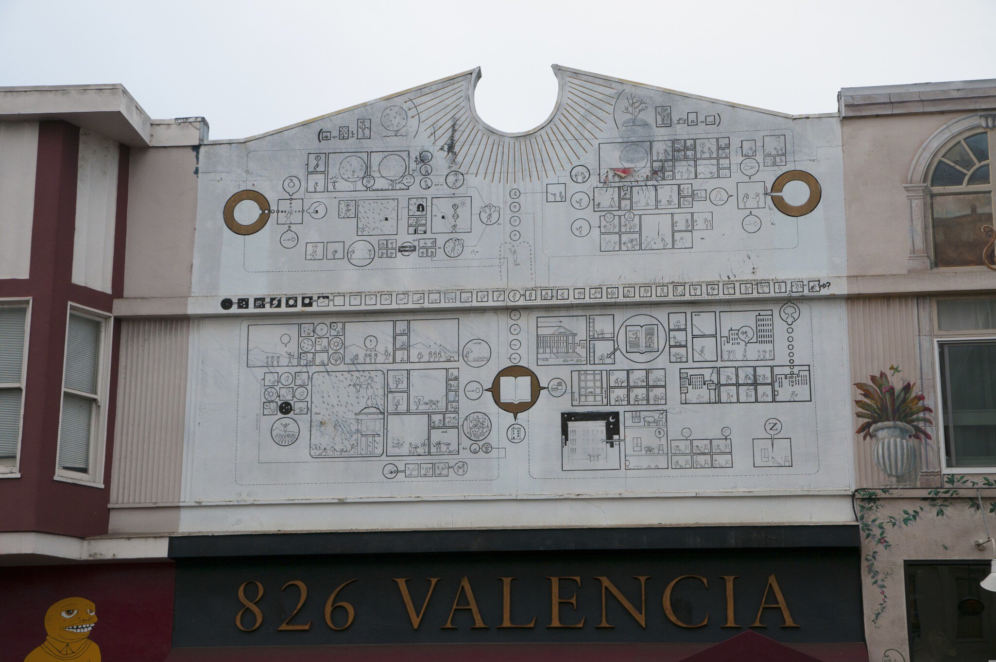 Scalloped parapet covered in line drawings above the 826 Valencia storefront