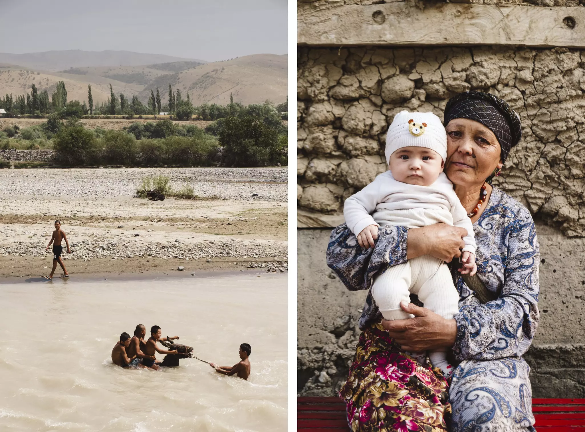 A group of young boys and a donkey in a river on the left, and a woman holding her baby up for the camera on the right.