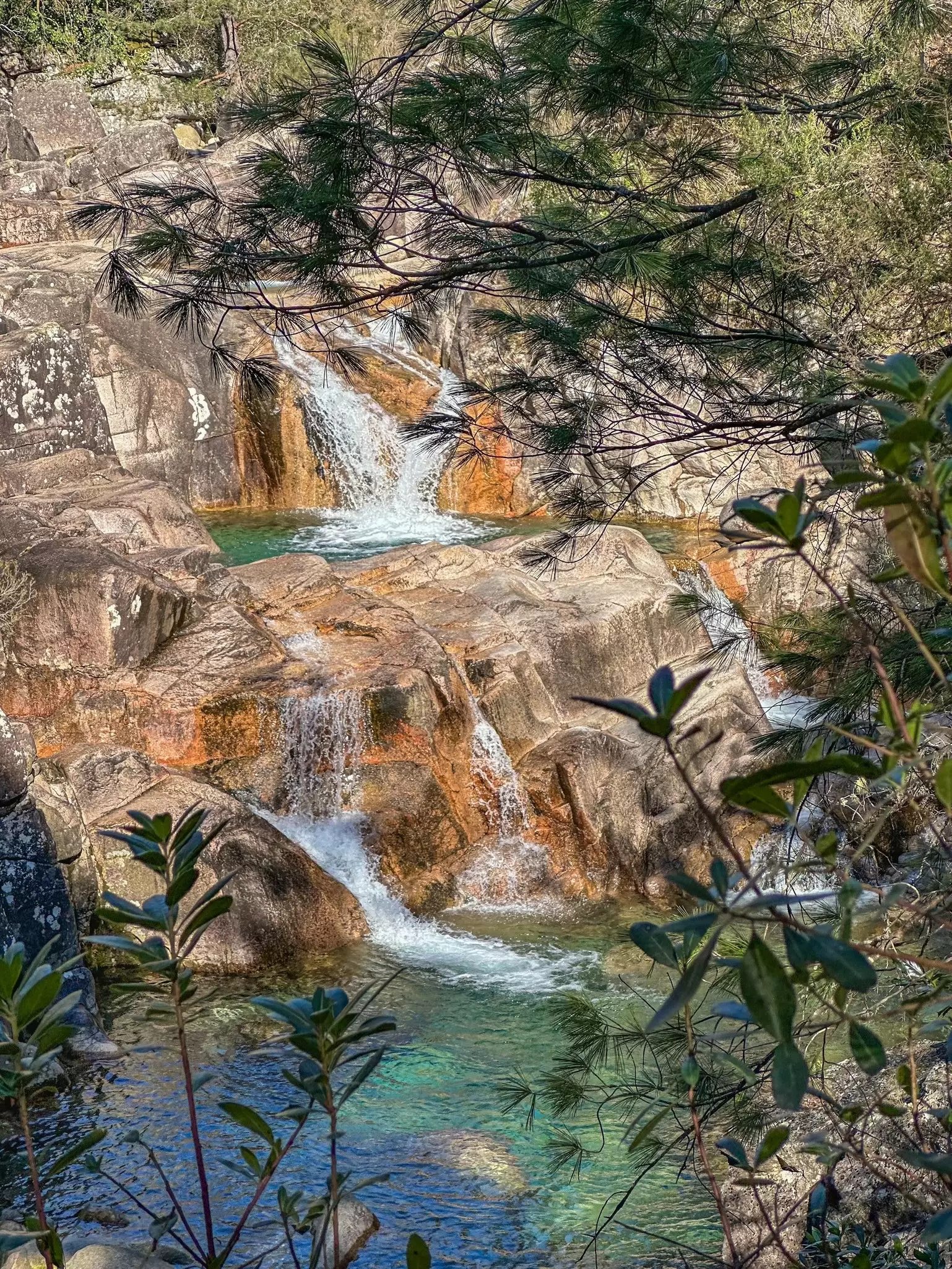 A multilevel waterfall with pools of water in rock.