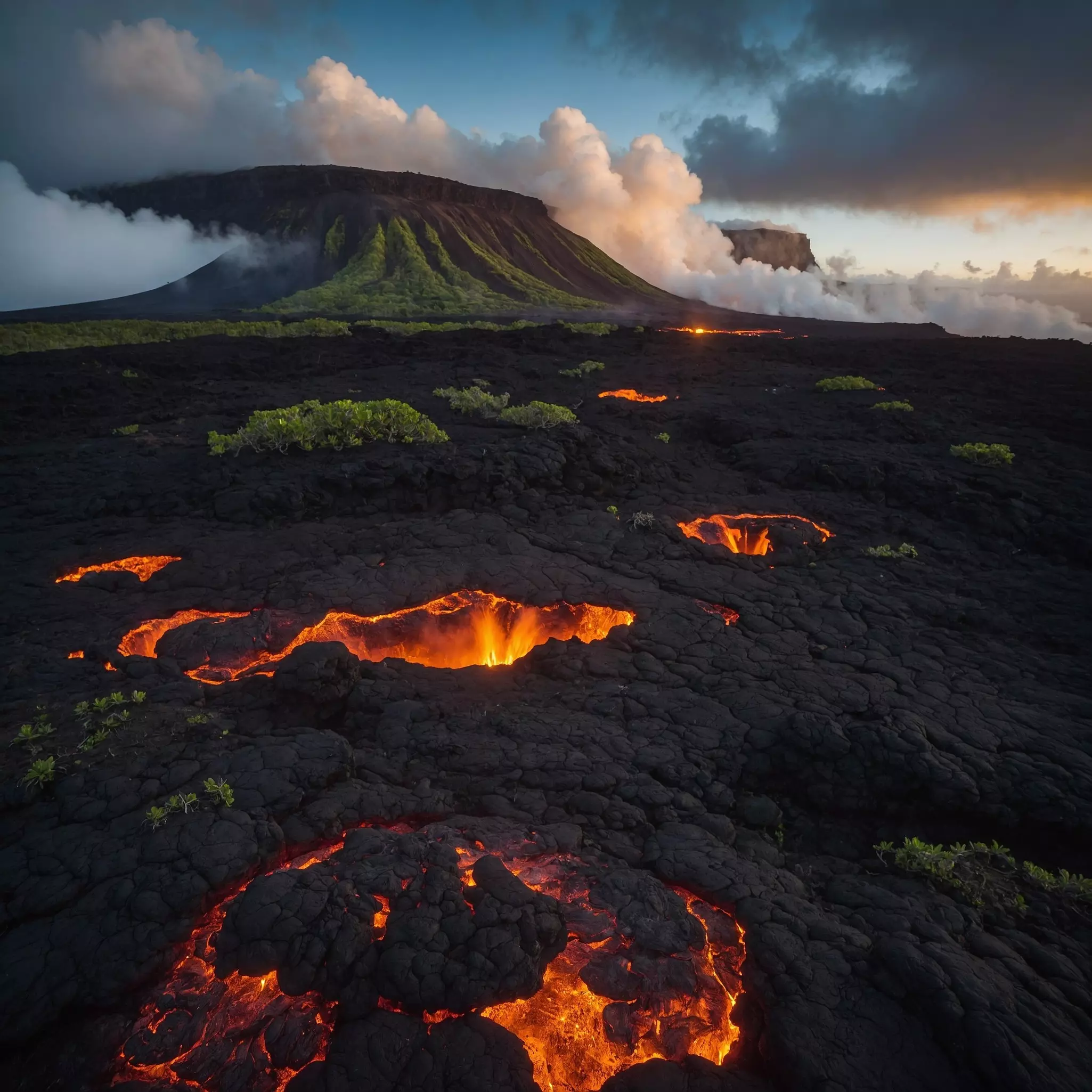 Orange flames of lava within black molten rock at Hawai'i Volcanoes National Park