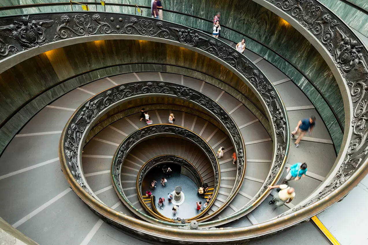 Looking down on the famous spiral staircase at the Vatican Museums in Rome. 