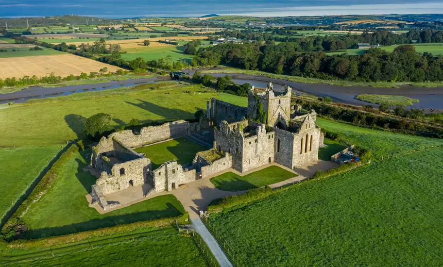 Aerial view, Dunbrody Abbey is a former Cistercian monastery in County Wexford, Ireland. The cross-shaped church was built in the 13th century, and the tower was added in the 15th century., License Type: media, Download Time: 2026-04-08T16:01:59.000Z, User: nic.dhoedt_lonelyplanet, Editorial: false, purchase_order: 56530 - Guidebooks, job: Global Publishing WIP, client: Lonely Planet Best Road Trips Ireland 5, other: Nicolas D'Hoedt