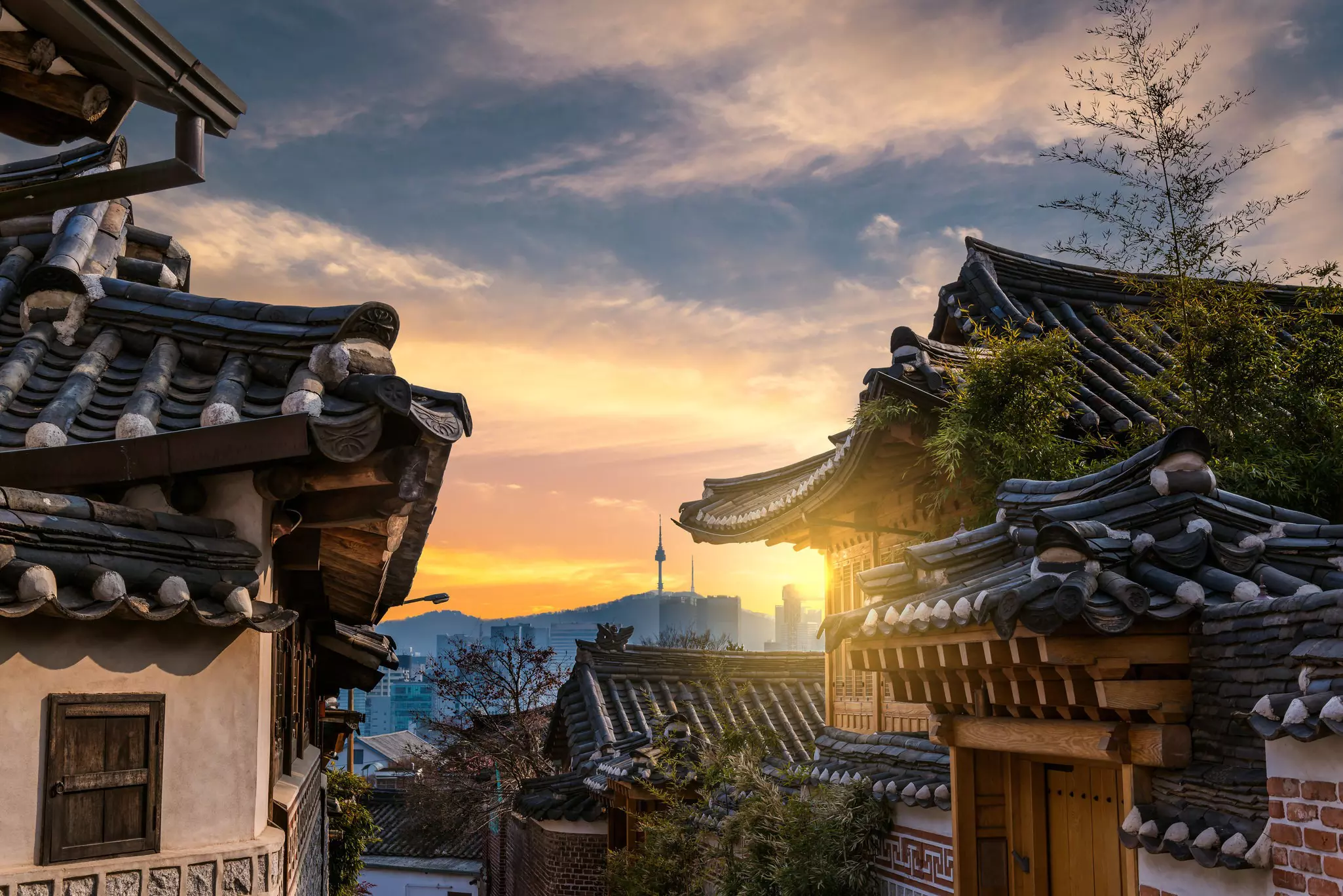 Rooflines of traditional-style buildings in Bukchon Hanok Village in Seoul, South Korea