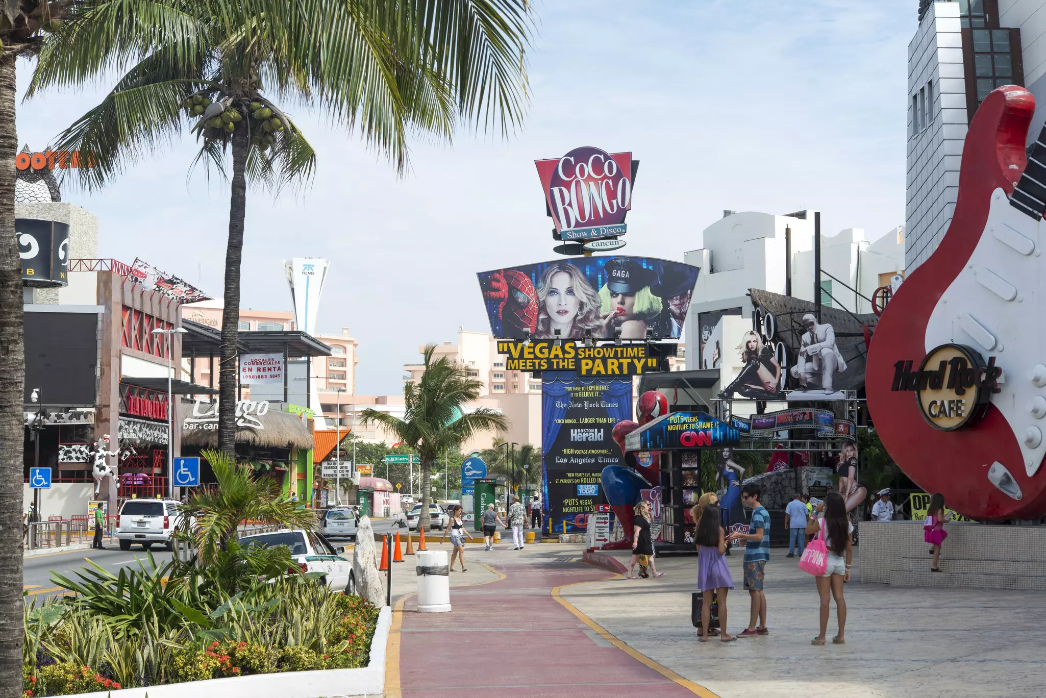 People explore Main Street in Cancún, Mexico which is home to a lot of clubs and restaurants.