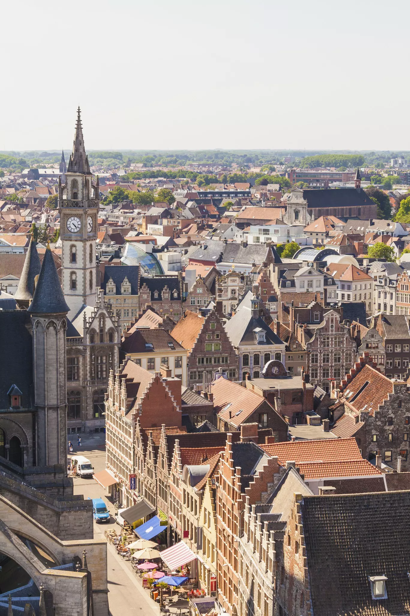 Belgium, Ghent, old town, cityscape with guild houses and belfry of the old post office