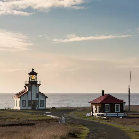 Point Cabrillo Light Station at sunset in Mendocino, California.