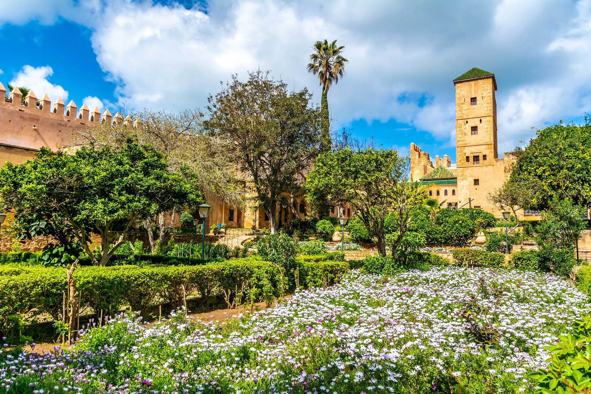 View of Palace tower in the Andalusian Gardens near the ancient Kasbah of the Udayas in in Rabat, Morocco, Africa