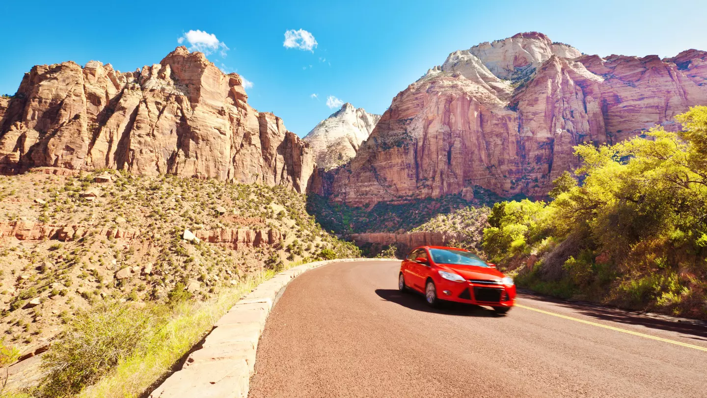 A car touring Zion National Park, Utah