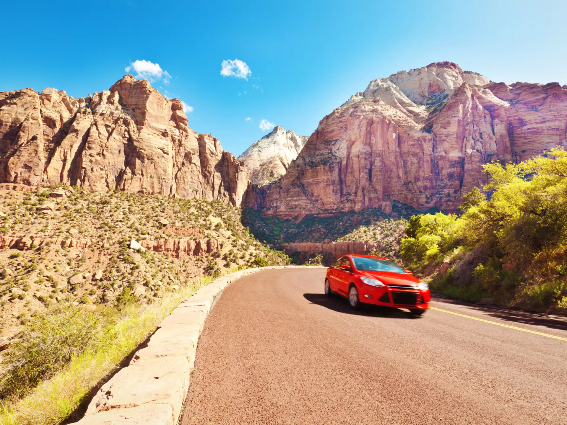 A car touring Zion National Park, Utah