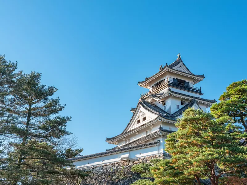 An ornate Japanese castle with trees in the foreground and blue skies behind. 