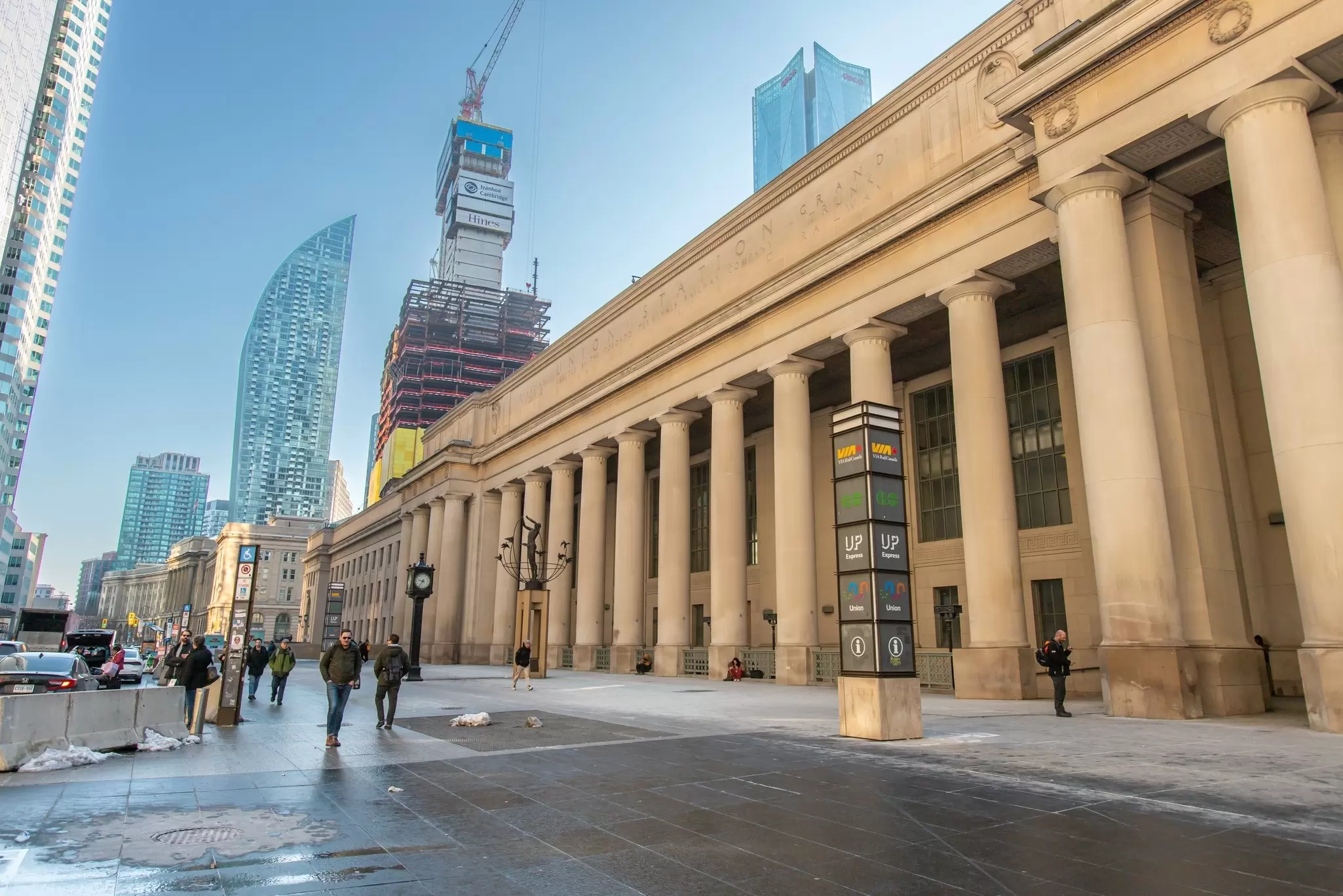 Stone columns on the frontage of Union Station in Toronto, Canada.
