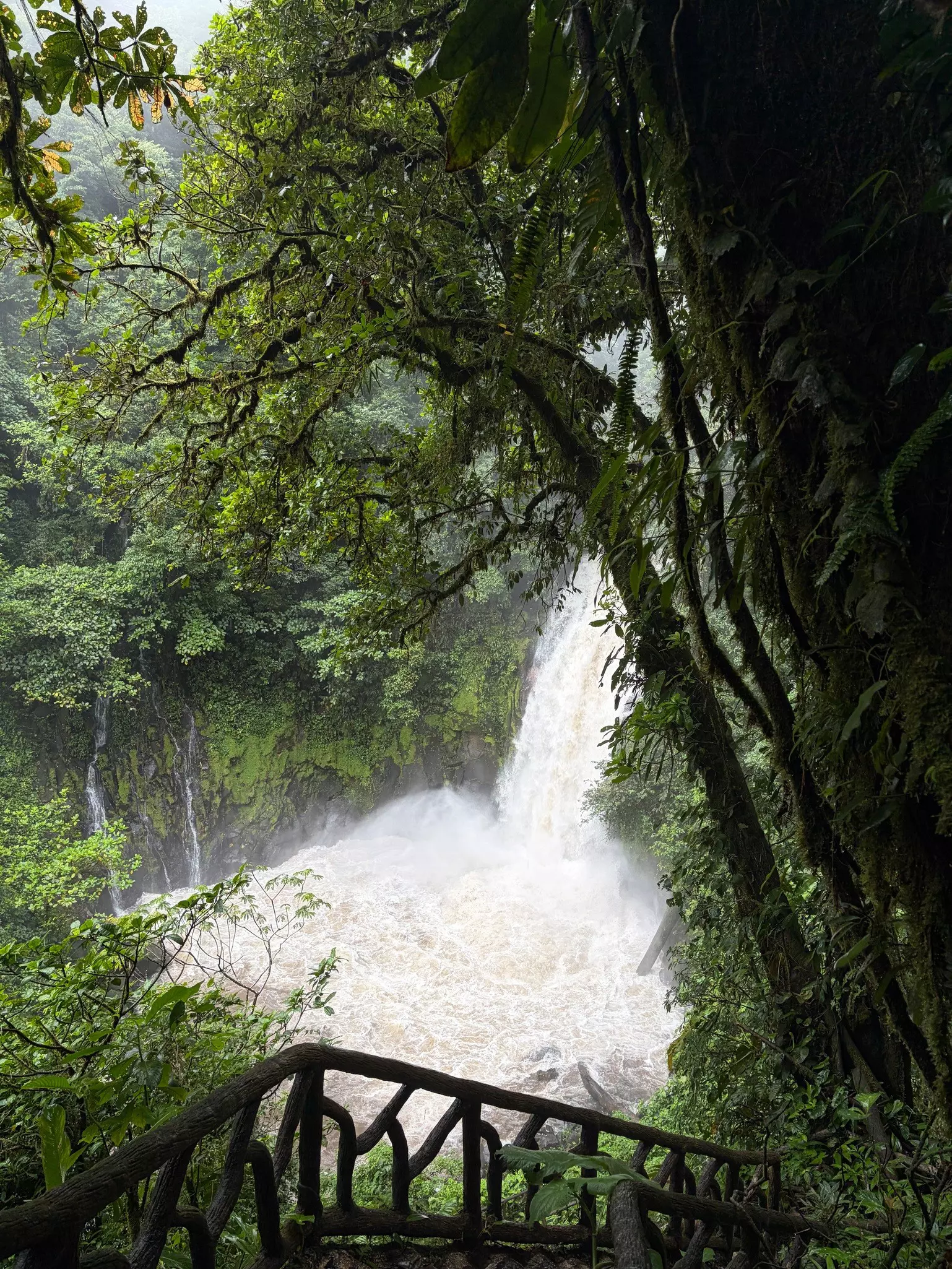 A rainy hiking trail overlooks a waterfall in Tenorio Volcano National Park in Costa Rica. 