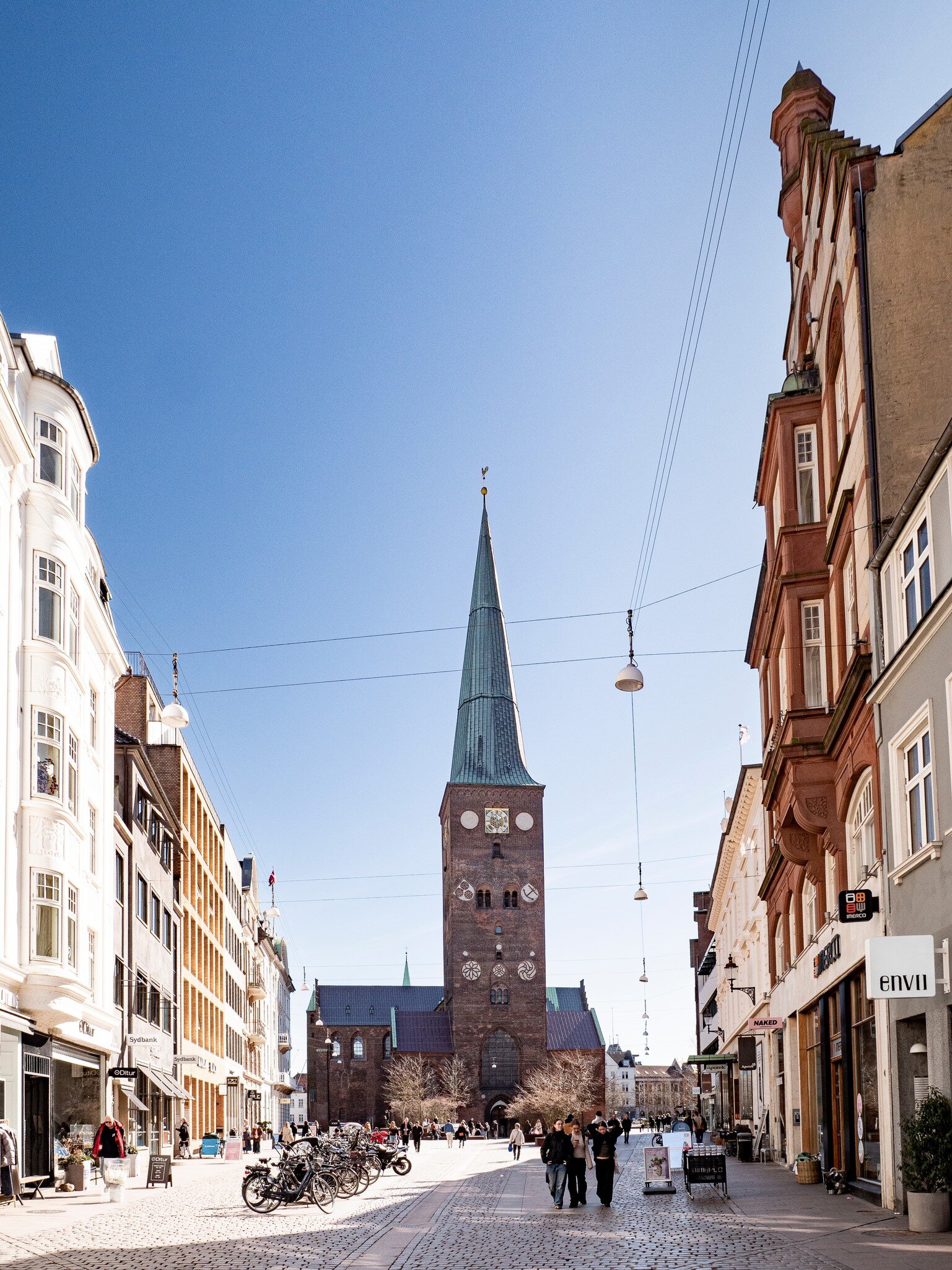 Street view of the square Store Torv and the Cathedral in Aarhus, Denmark.