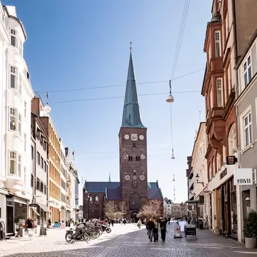 Street view of the square Store Torv and the Cathedral in Aarhus, Denmark.