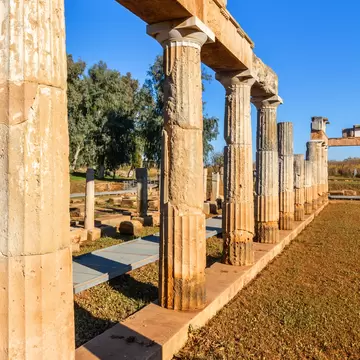 View of columns of the Temple of Artemis in Vravrona, Greece.