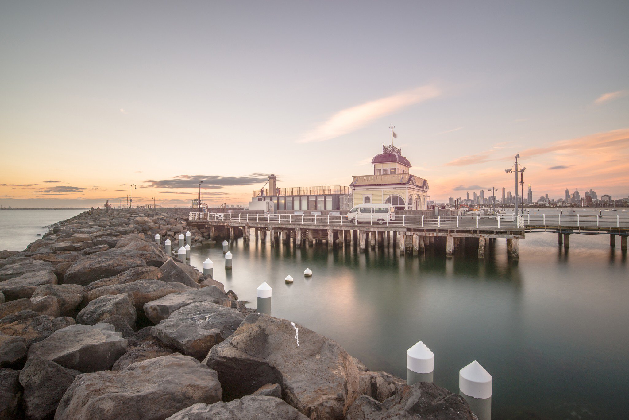 View of St. Kilda Pier at sunset in Melbourne, Australia.