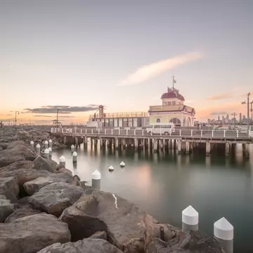 View of St. Kilda Pier at sunset in Melbourne, Australia.