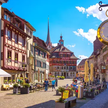 Schaffhausen, Switzerland - April 12, 2016 : Stein Am Rhein is the ancient city in medieval age. The unique architecture and exterior wall painting are attractiveness for tourist to visit.