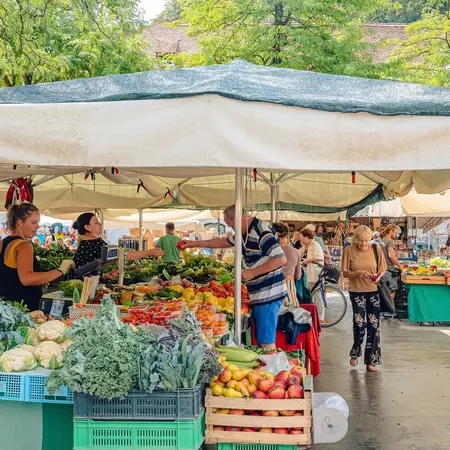 Ljubljana, Slovenia - July 29 2022: View of outdoor stalls of Ljubljana Central Market  License Type: media  Download Time: 2024-01-07T16:02:35.000Z  User: meg3348277  Is Editorial: Yes  purchase_order:   
