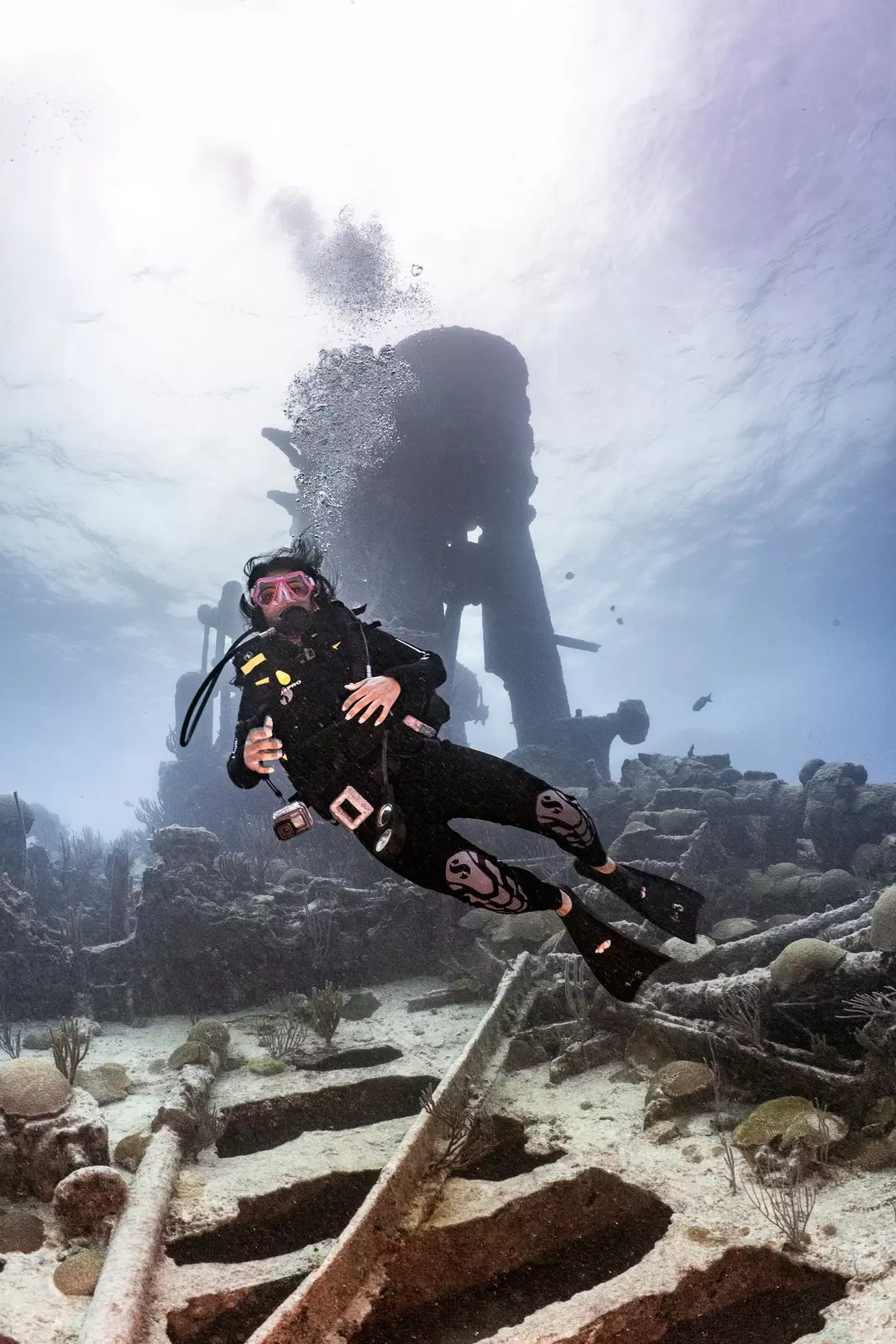 A diver underwater with a shipwreck in the background.