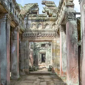 A stone walkway in the Preah Khan temple in Angkor.