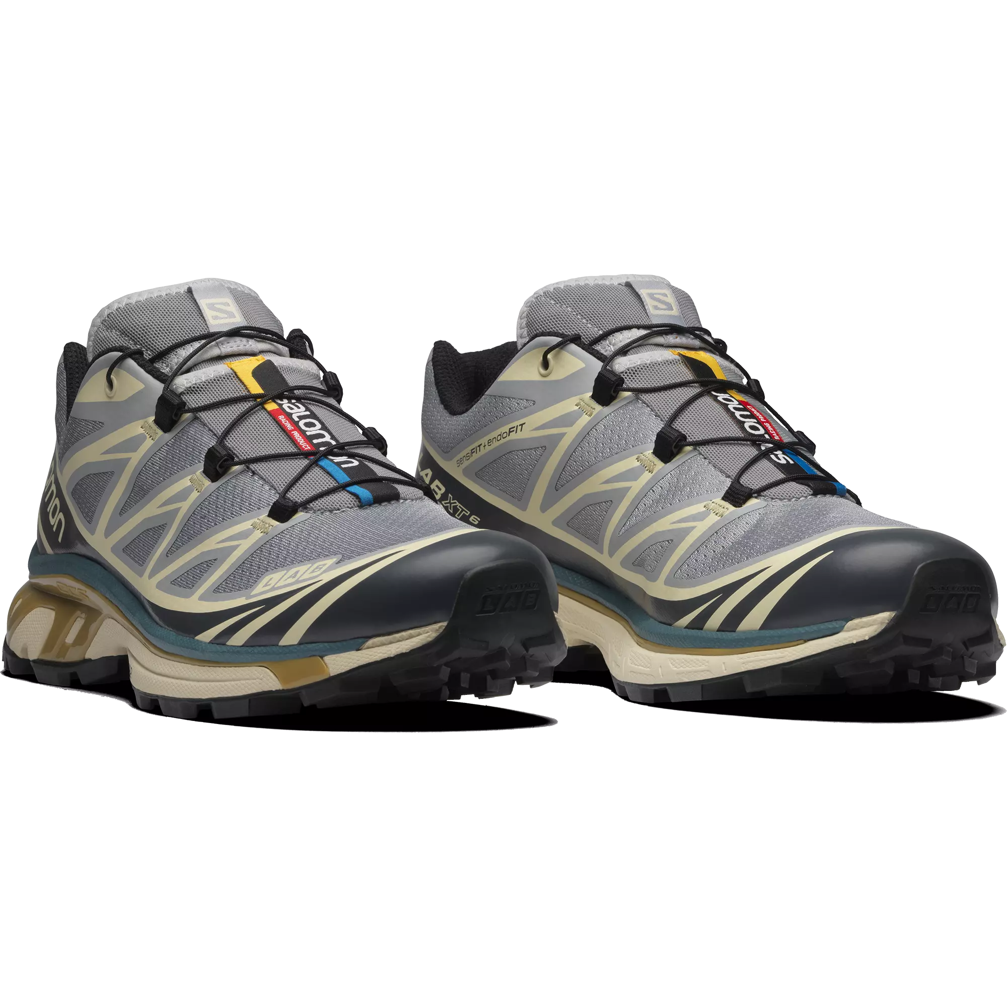 Gray and blue hiking shoes with black laces.