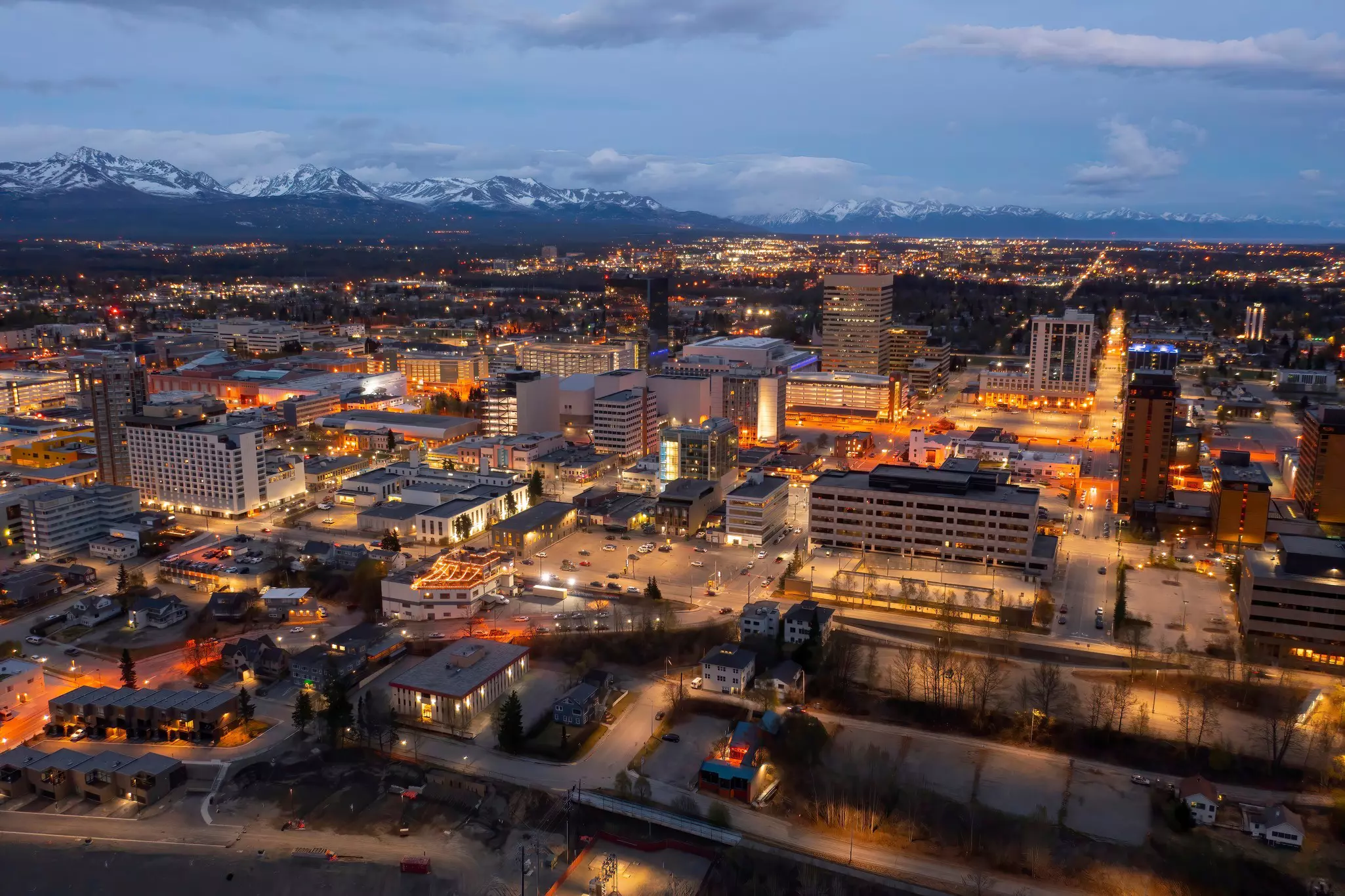 Aerial View of the Anchorage, Alaska Skyline at Dusk in Spring