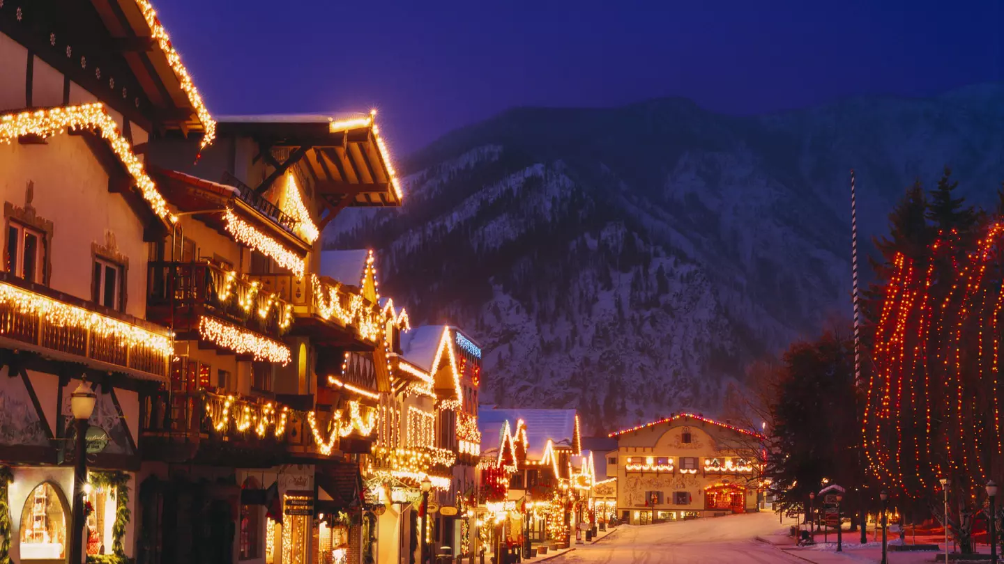 Streetscape with Christmas lights in Leavenworth, Chelan County, Washington State, USA
