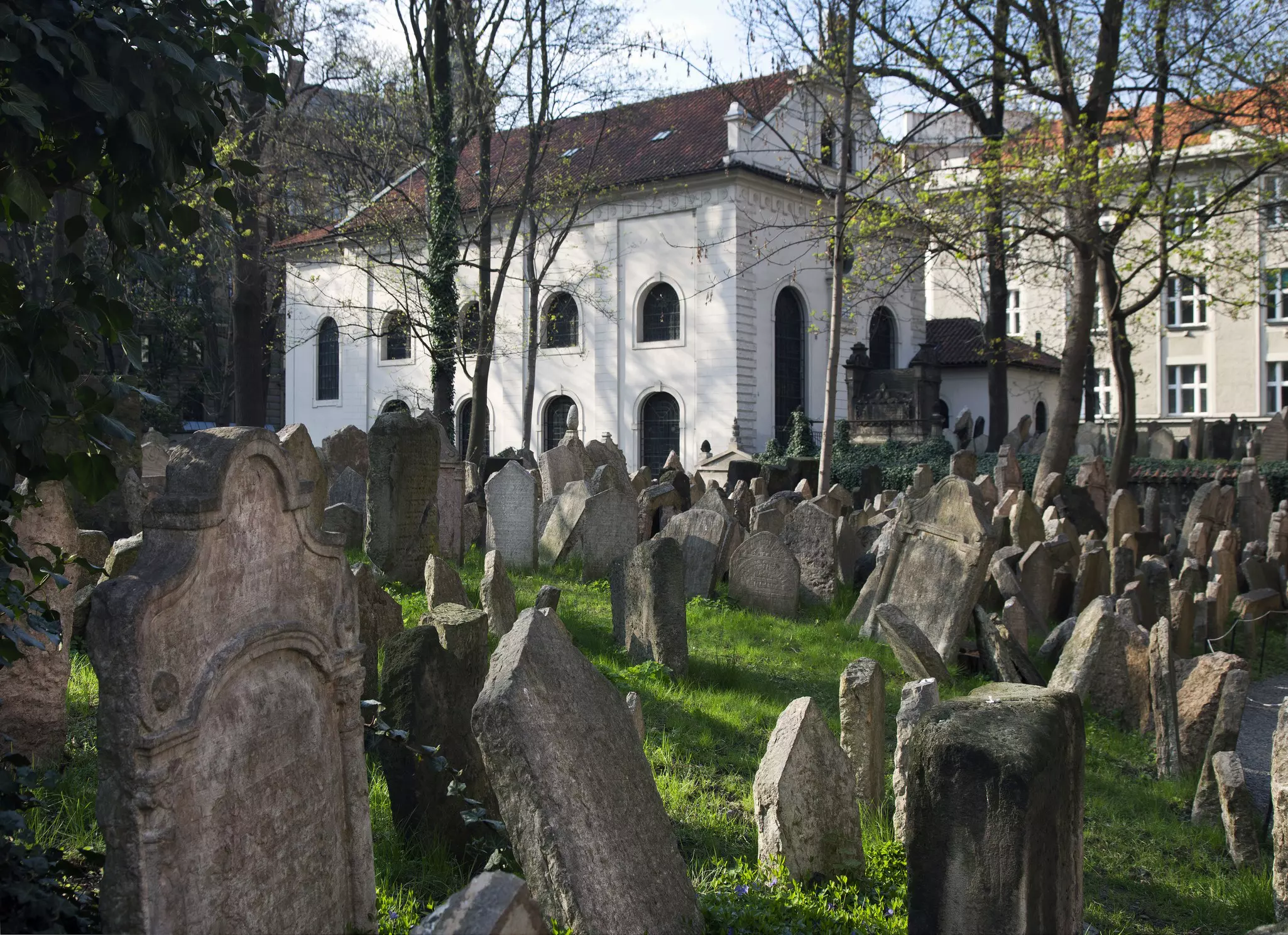 A cemetery crowded with old tombstones with a white building in the background
